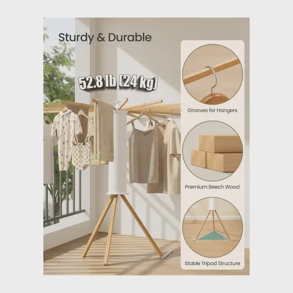 A rotating clothes rack with 16 beech wood arms that locks onto a pole
