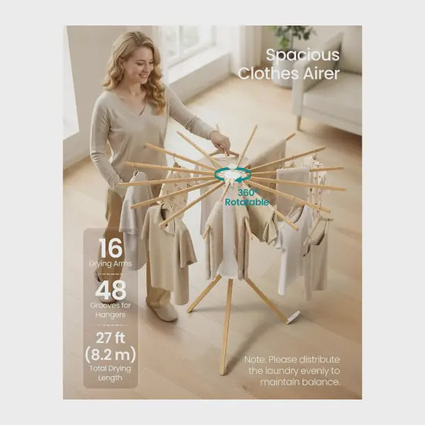 A rotating clothes rack with 16 beech wood arms that locks onto a pole