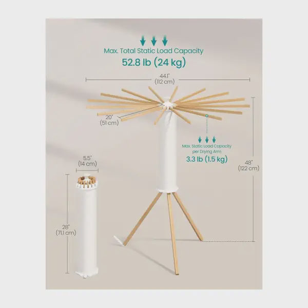 A rotating clothes rack with 16 beech wood arms that locks onto a pole